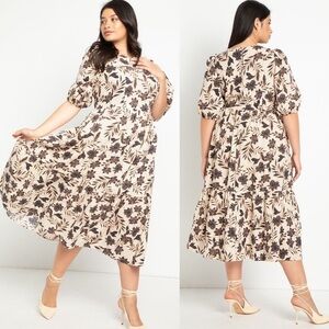 Eloquii Floral Puff Sleeve Midi Dress in‎ Cream Size 16